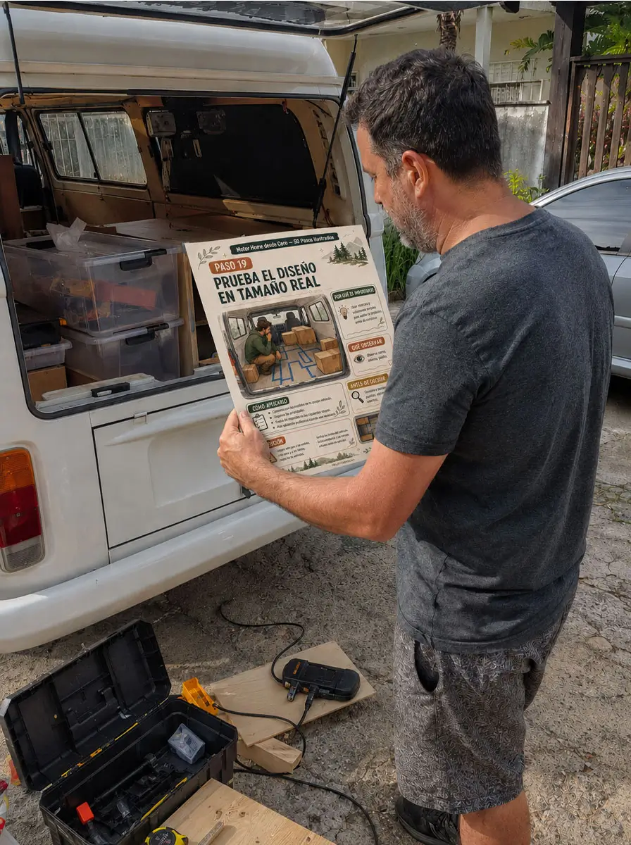Hombre consultando la guía junto a una Kombi