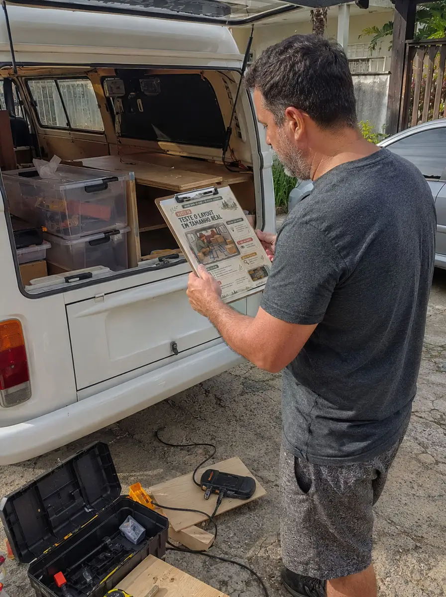 Hombre consultando la guía junto a una Kombi
