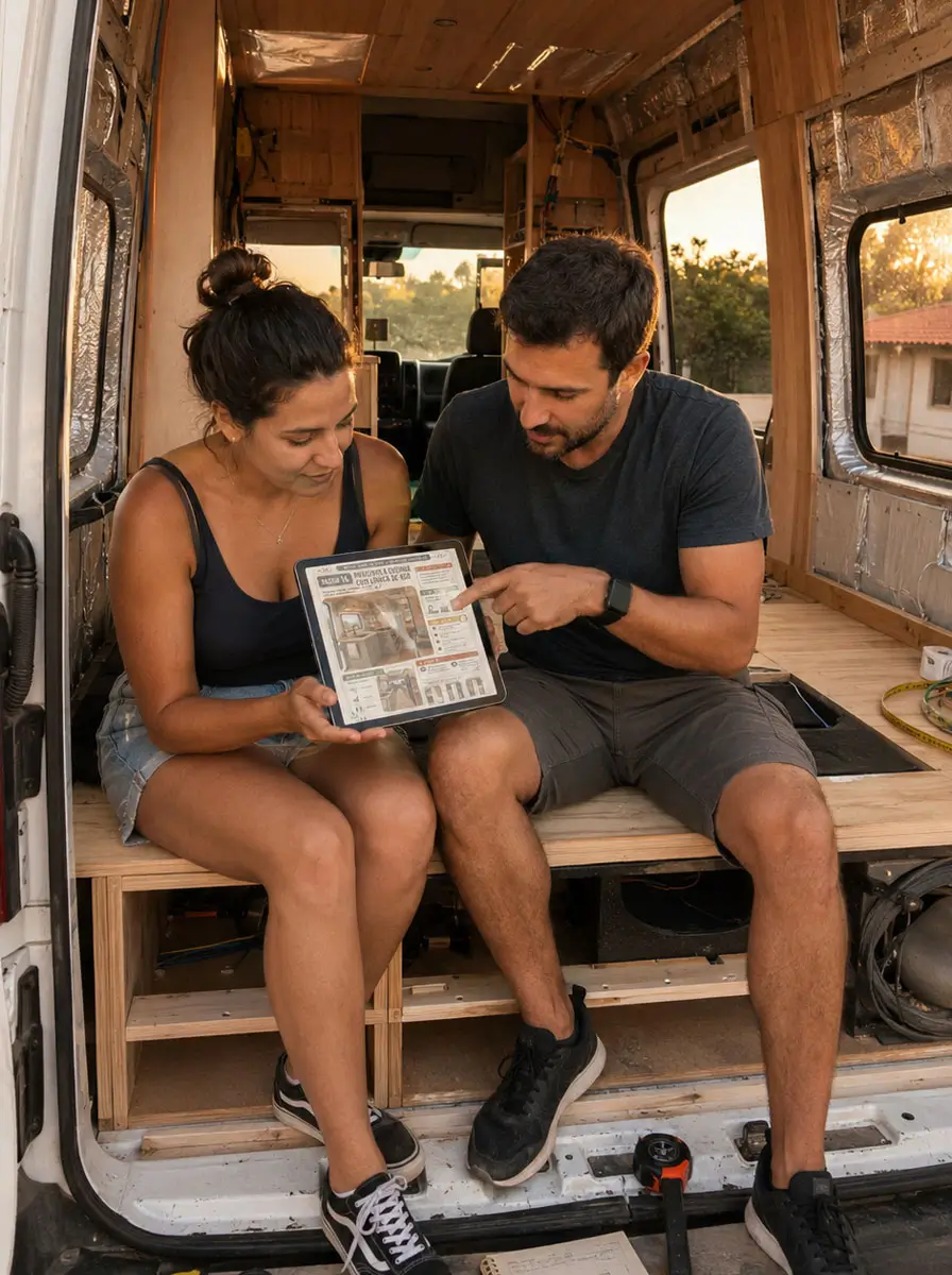 Pareja consultando la guía dentro de una van